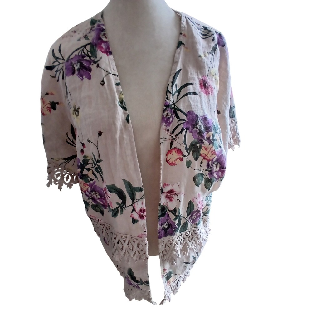 NWT Valentina Naldi Linen Floral Lace Kimono Cardigan One Size Made in Italy